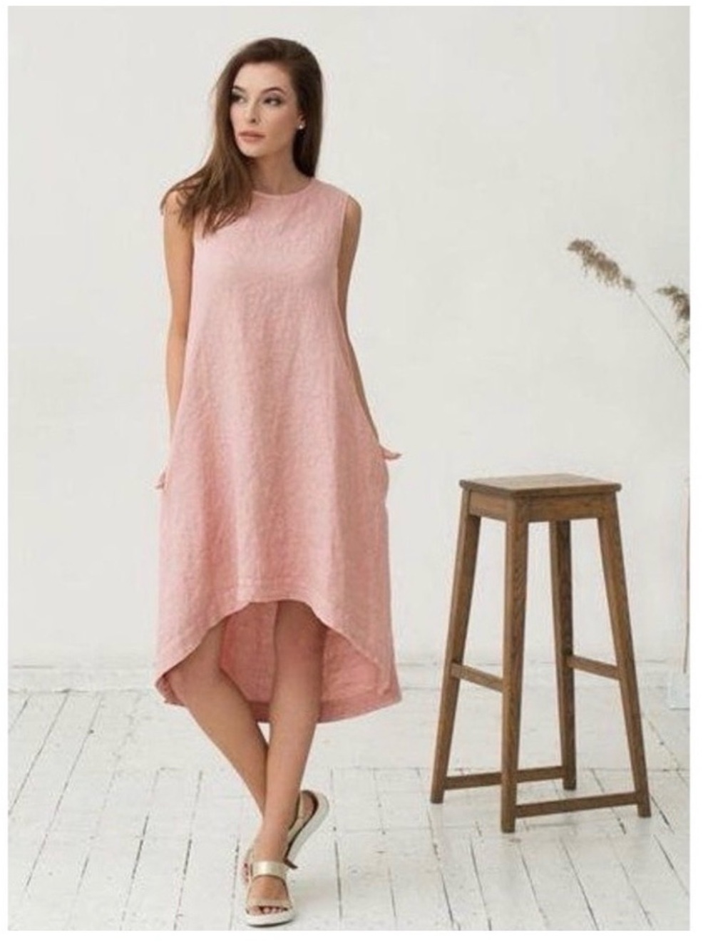 Magic Linen Dress Sleeveless Pink High-Low Megan Markle Minimalist Size XS
